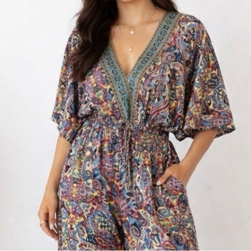 Rhea Rubi V Neck Jumpsuit in Teal And Burgundy Size OS NWT - Picture 7 of 8